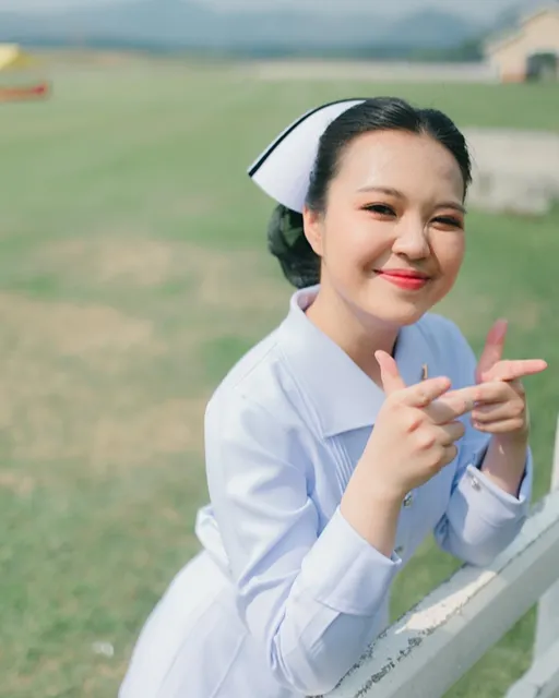 Smiling nurse in a white uniform and cap beside a railing, with a sunlit green field and distant buildings behind her.